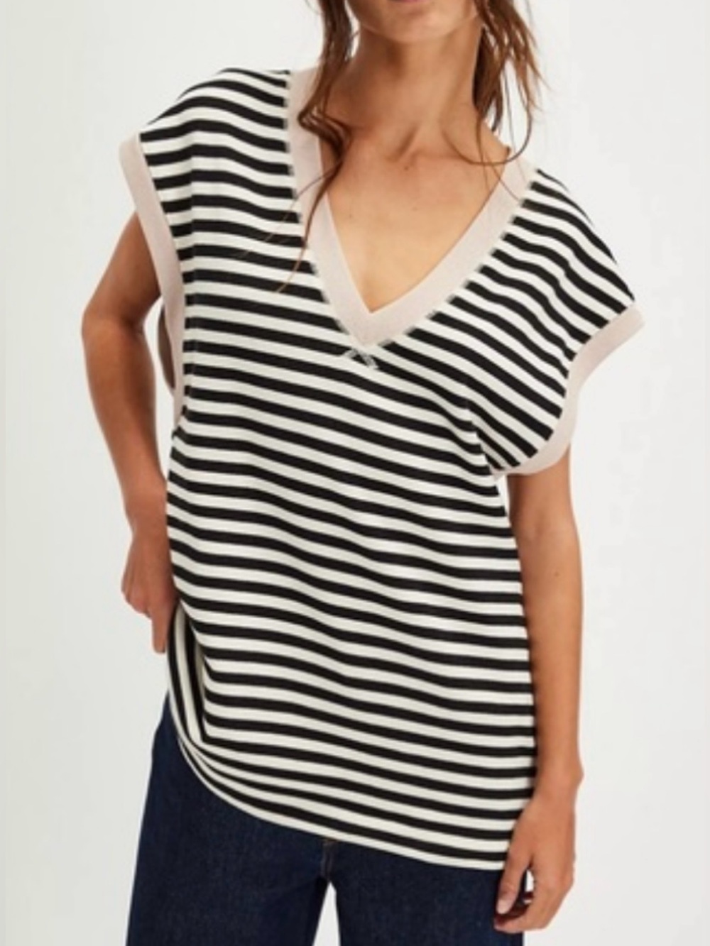 Free People Black and White Striped V-Neck Sleeveless Vest